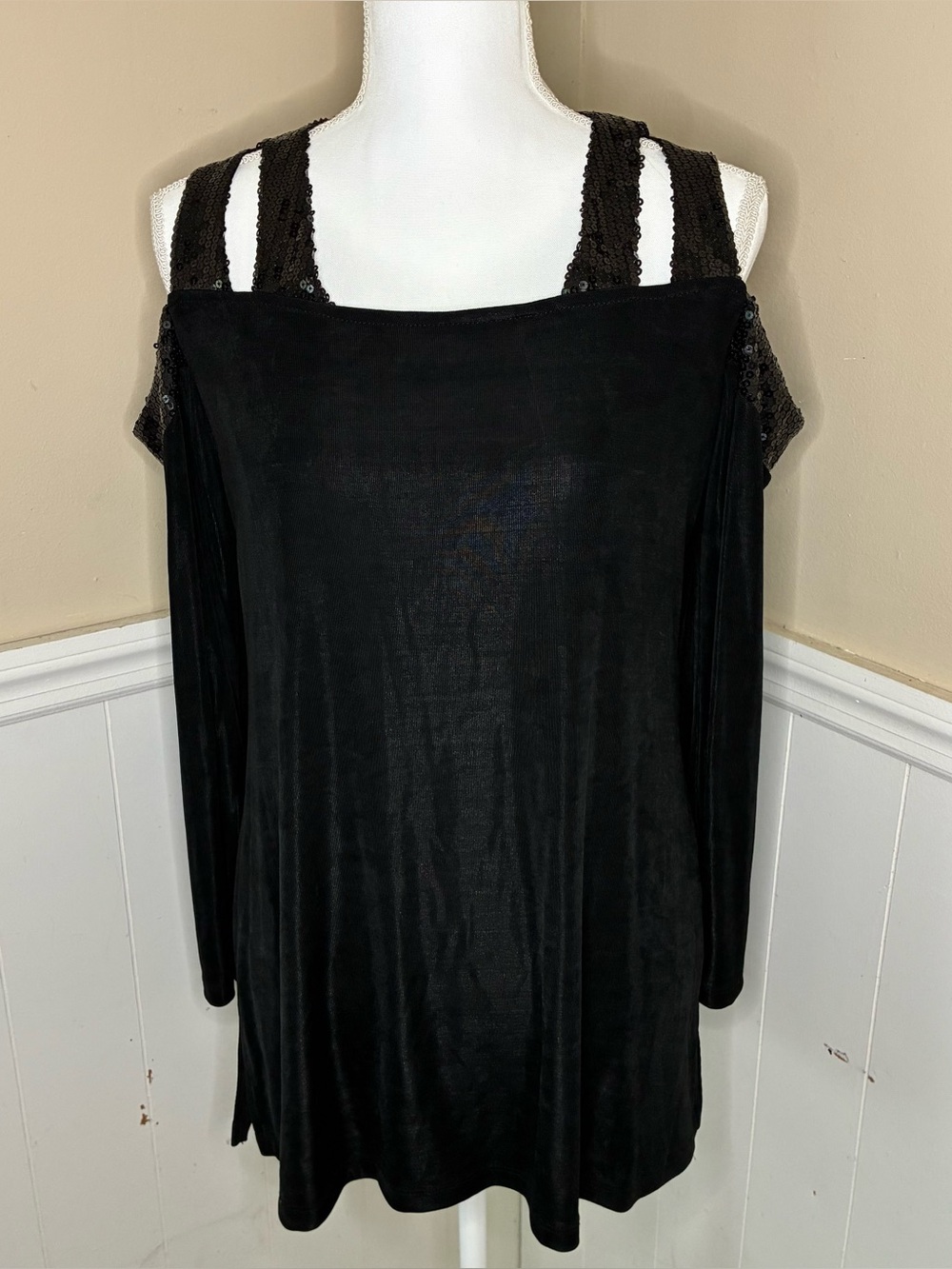 Vintage Black Sequin Cold Shoulder Top Medium